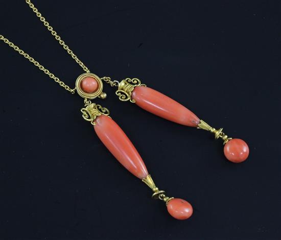 A Victorian 15ct gold and coral double drop pendant necklace, chain 16in.